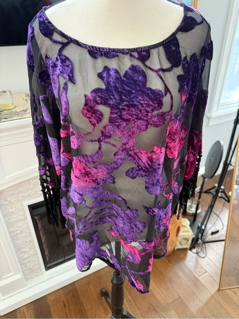 Jeans by Buffalo Sheer Black Blouse w Purple & Fuchsia Velvet Floral Burnout M